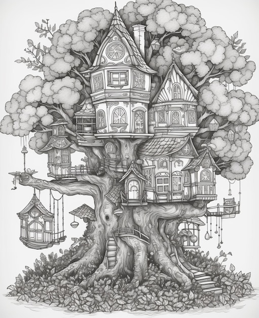 un dessin d'une maison d'arbre avec une cage d'oiseau et une cage de oiseau générative ai