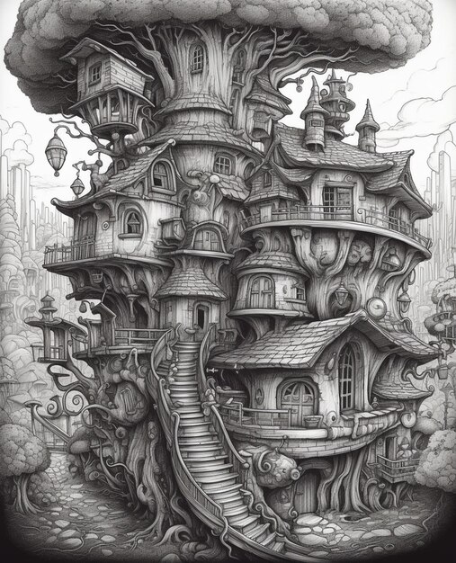 Un dessin d'une maison avec un arbre dessus.