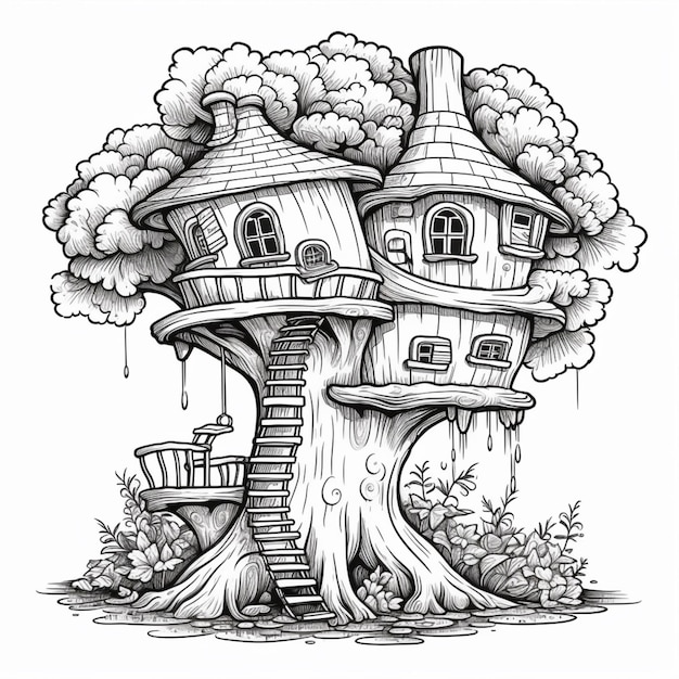 un dessin d'une maison d'arbre avec une échelle et un arbre génératif ai