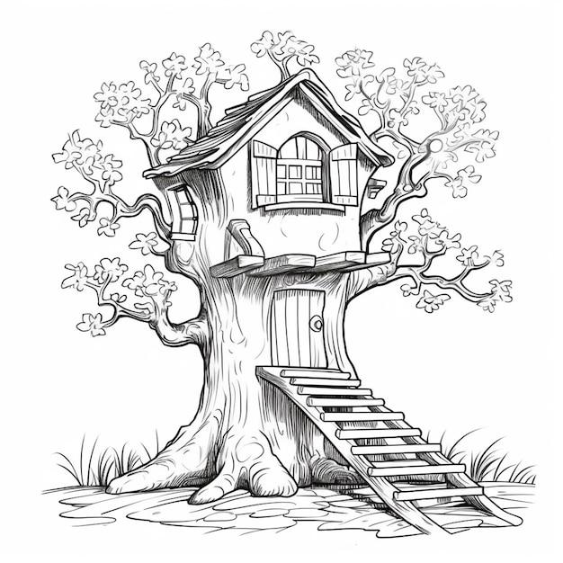 Photo un dessin d'une maison d'arbre avec des escaliers menant à la porte