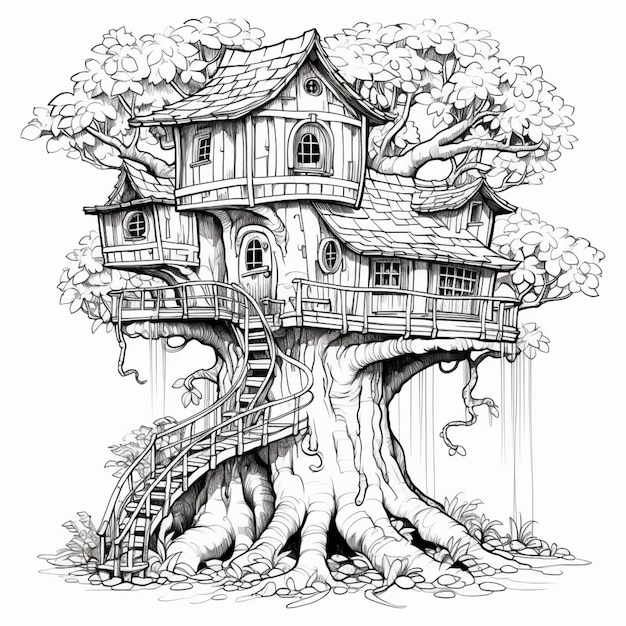 un dessin d'une maison d'arbre avec des escaliers qui y montent