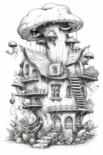 un dessin d'une maison aux champignons avec un arbre au sommet de l'IA générative