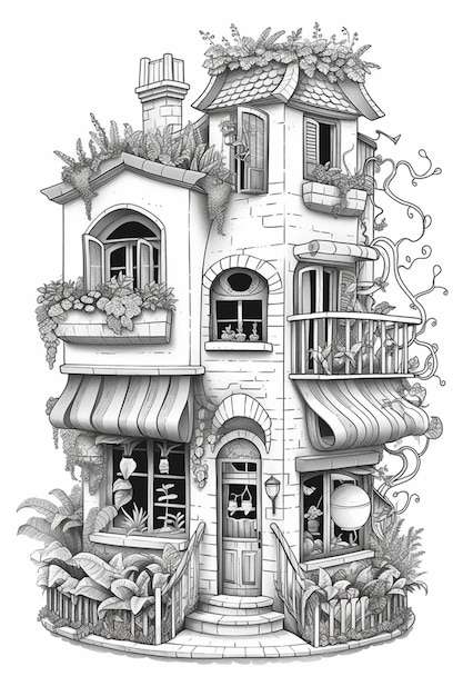 un dessin d'une maison avec un balcon et un balcon ai génératif