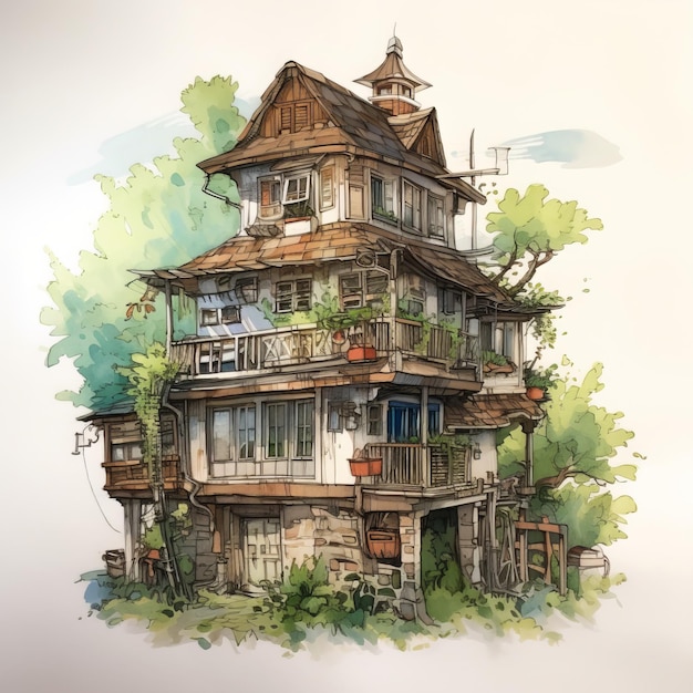 Un dessin d'une maison avec un balcon et un balcon.