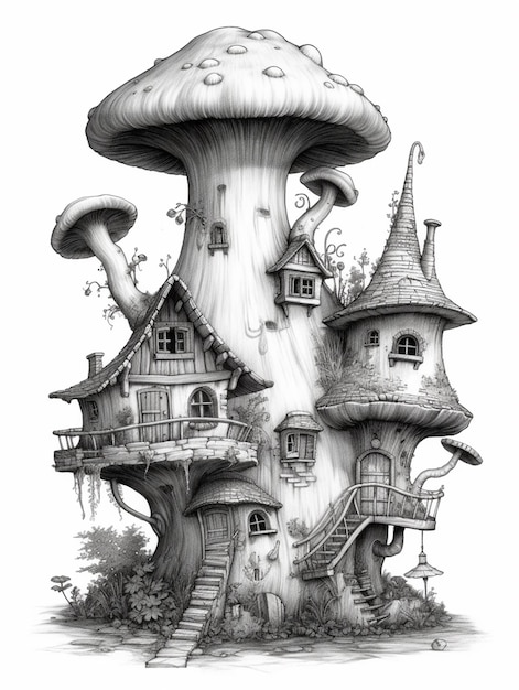Un dessin d'une maison champignon avec une maison champignon sur le dessus.