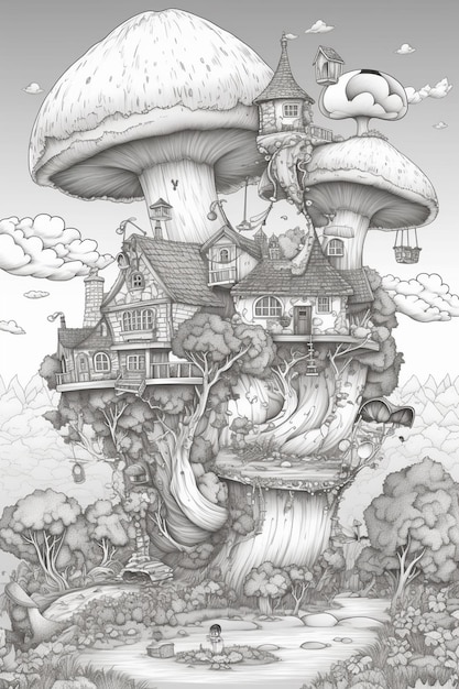 Un dessin d'une maison champignon avec une maison sur le dessus.