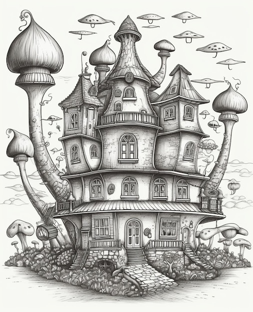Un dessin d'une maison avec une champignonnière dessus.