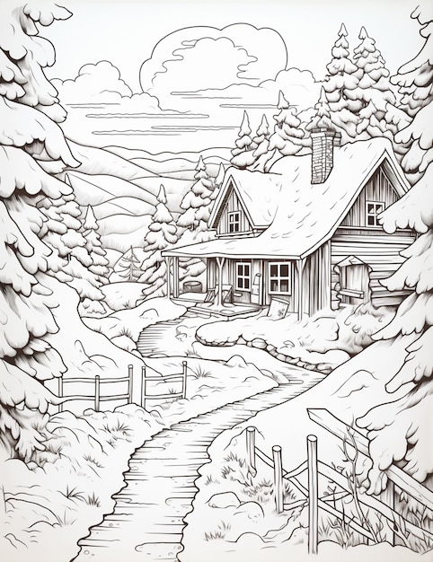 un dessin d'une maison dans les bois avec un chemin ai génératif