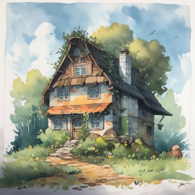 Un dessin d'une maison dans une forêt avec un toit bleu et un toit marron.