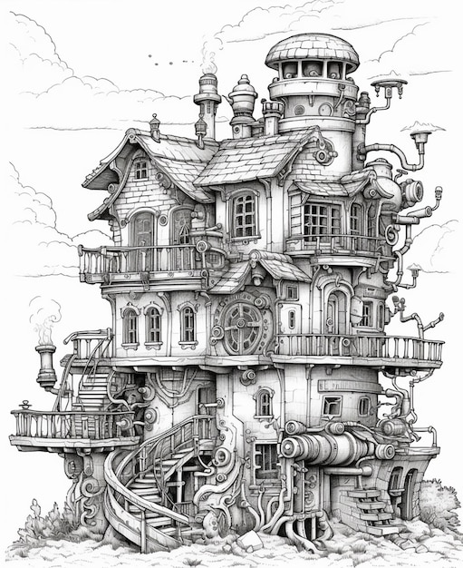 un dessin d'une maison avec un escalier en colimaçon qui y monte IA générative