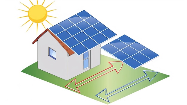 un dessin d'une maison avec une flèche bleue et orange pointant vers le soleil et le mot solaire