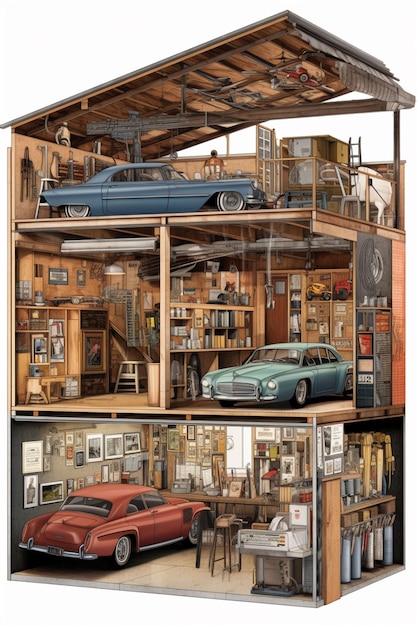 Un dessin d'une maison avec un garage et une voiture à l'intérieur.