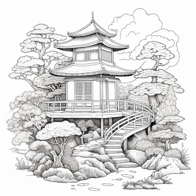 Photo un dessin d'une maison japonaise dans les bois