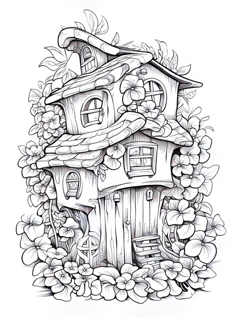 un dessin d'une maison avec une maison au sommet.