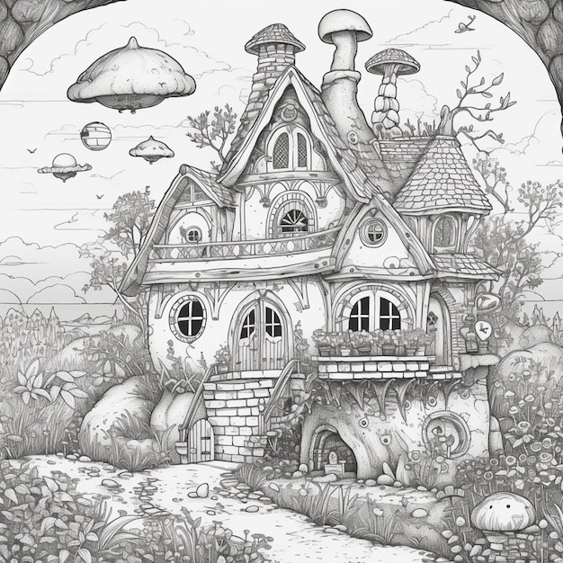 Un dessin d'une maison avec une maison champignon sur le dessus.