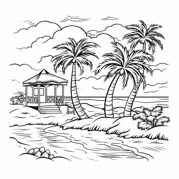 un dessin d'une maison sur la plage avec des palmiers IA générative