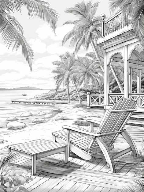 Photo un dessin d'une maison de plage avec un pont et des fauteuils de salon génératifs ai