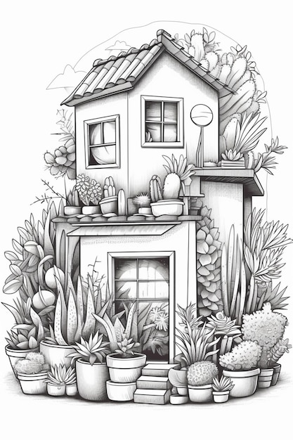 un dessin d'une maison avec des plantes en pot et une fenêtre IA générative