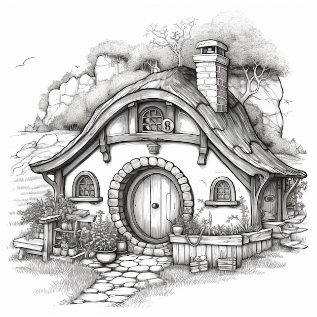 Un dessin d'une maison avec une porte qui dit "le hobbit" dessus