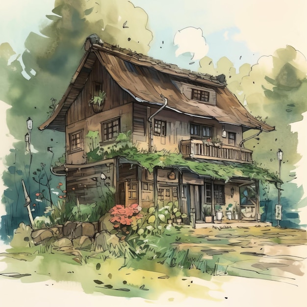 Un dessin d'une maison avec un toit qui dit "la maison est dans une forêt"