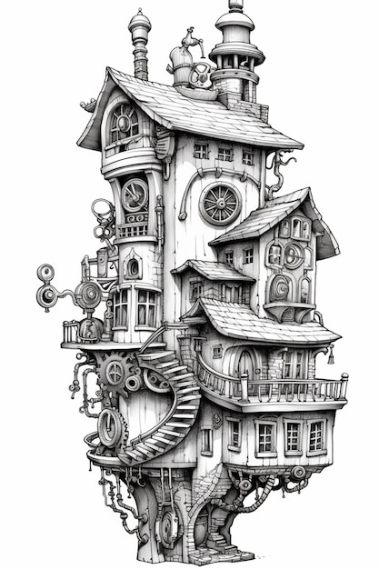 un dessin d'une maison avec une tour de l'horloge au sommet IA générative