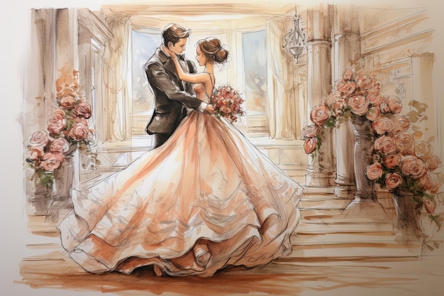 un dessin d'une mariée et d'un marié dans une belle robe de mariée