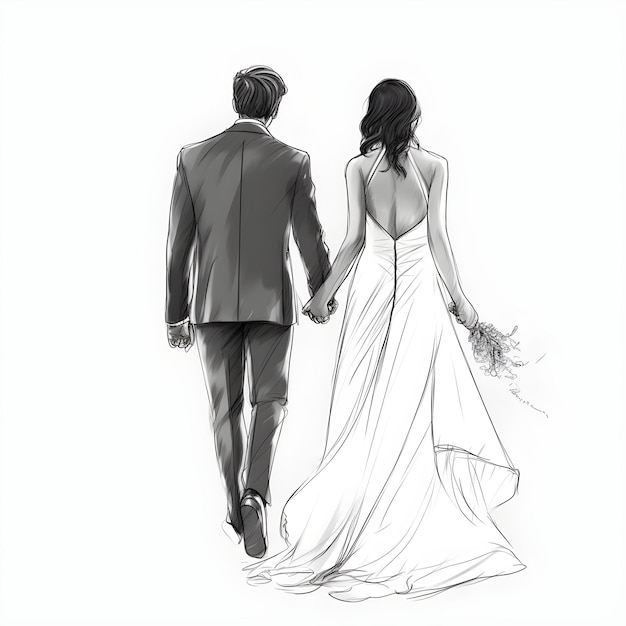 Un dessin d'une mariée et d'un marié se tenant la main.