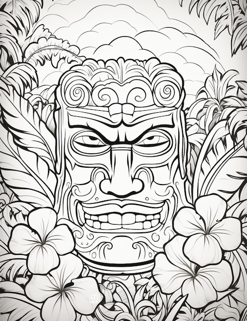 un dessin d'un masque tiki entouré de fleurs et de feuilles