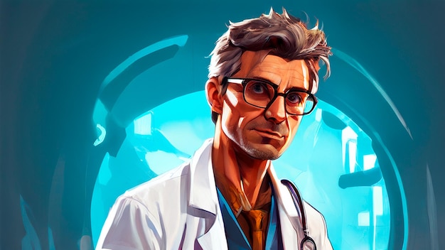 un dessin d'un médecin avec des lunettes et un stéthoscope