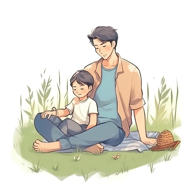 un dessin d'une mère et d'un fils assis dans l'herbe.