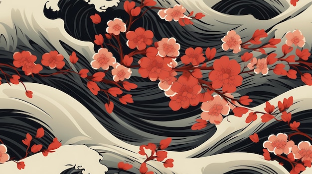 dessin minimaliste d'une vague dans un style artistique japonais