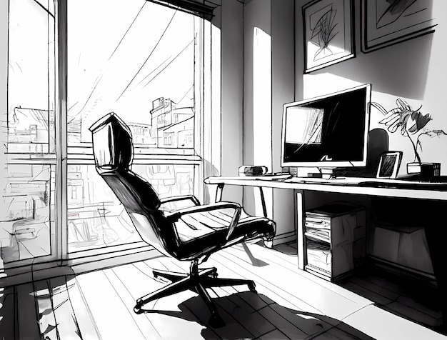 Dessin monochrome d'un bureau avec un ordinateur