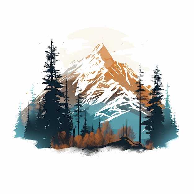 un dessin d'une montagne avec des arbres et de la neige dessus.