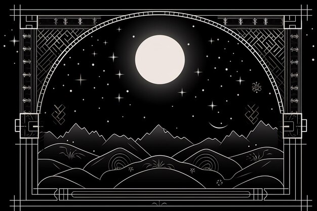 un dessin d'une montagne avec la lune et la lune en arrière-plan.