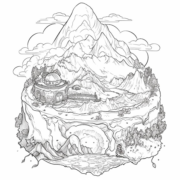 Un dessin d'une montagne avec une maison et un bateau dedans générative ai