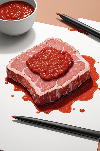 Un dessin d'un morceau de viande avec de la sauce dessus