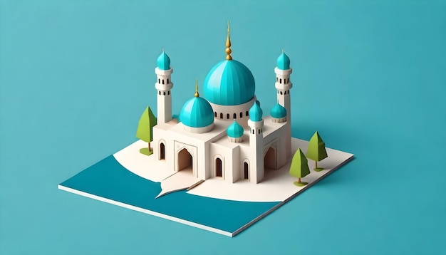 un dessin d'une mosquée bleue avec des arbres au sommet