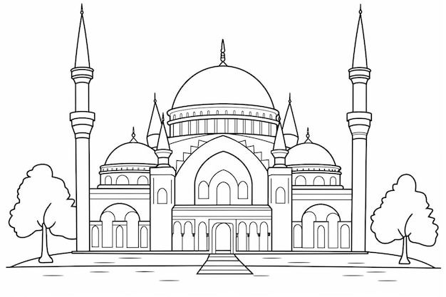 un dessin d'une mosquée avec une ligne de colonnes et un dessin d'une mosquée.