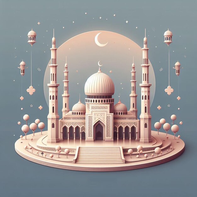 un dessin d'une mosquée avec une lune et des étoiles dessus