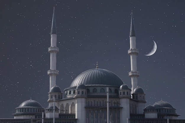 Un dessin d'une mosquée avec une lune et des étoiles