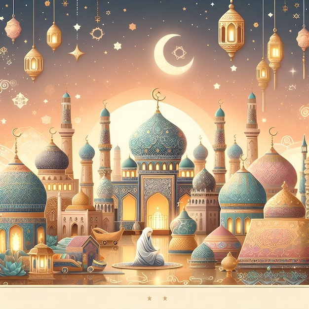 un dessin d'une mosquée avec une lune et une lune en arrière-plan