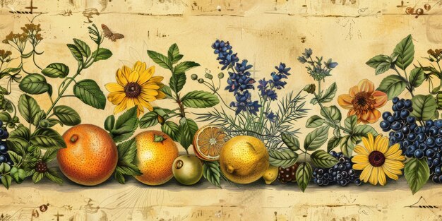 Dessin d'un motif sans couture avec des légumes et des fruits sur fond blanc illustration dessinée à la main