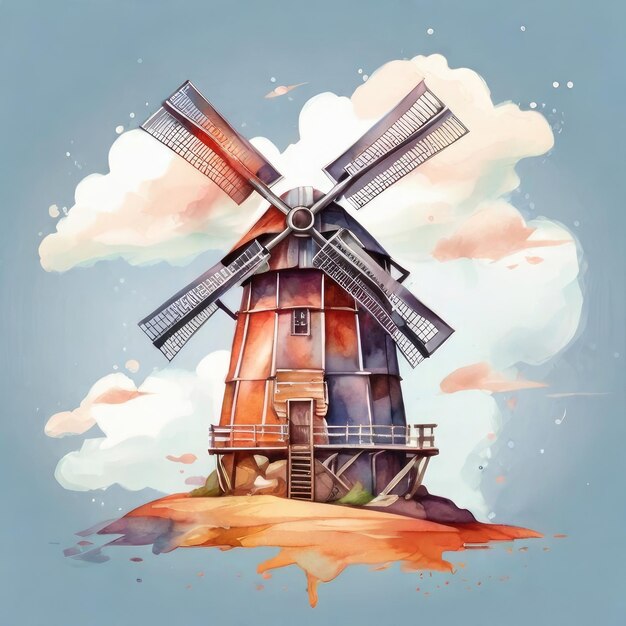 Photo un dessin d'un moulin à vent avec un ciel et des nuages en arrière-plan