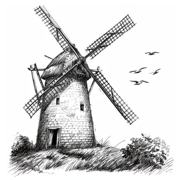 Photo un dessin d'un moulin à vent avec les mots 