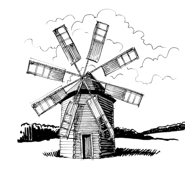 Un dessin d'un moulin à vent avec quatre moulins à vent sur le dessus.