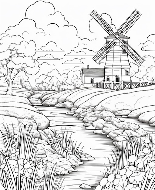 Un dessin d'un moulin à vent et d'une rivière dans un champ génératif ai