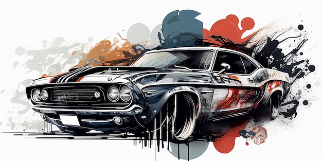 Un dessin d'une muscle car avec un travail de peinture