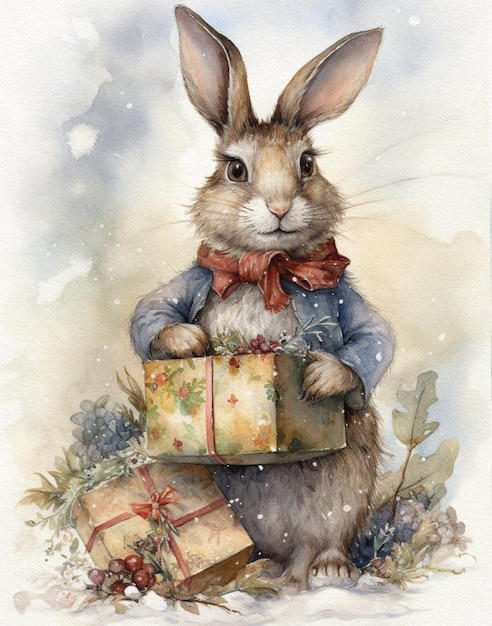 Dessin de noël aquarelle vintage de lièvre avec des cadeaux carte de noël vintage animal de la forêt