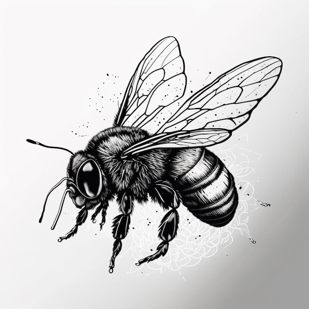 un dessin en noir et blanc d'une abeille avec une fleur ai générative