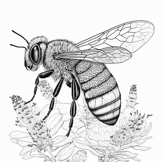 Photo un dessin en noir et blanc d'une abeille sur une fleur générative ai